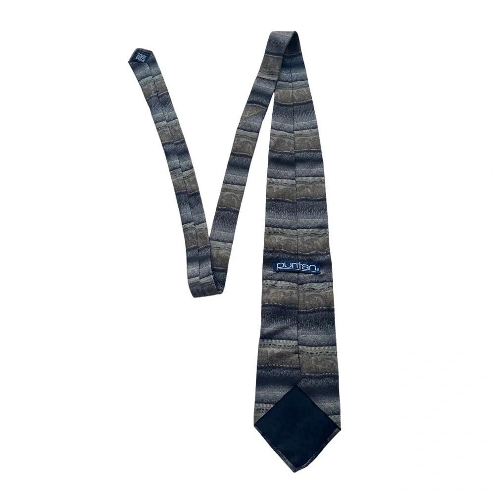 Puritan Men’s Blue Gray Tan Stripe Abstract Pattern 100% Silk‎ Classic Neck Tie